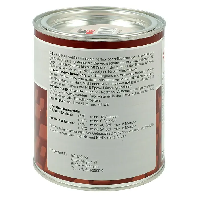 F18 Hartantifouling - Weiß, 750 ml - Dose F18 Hart Antifouling, geeignet als Bewuchsschutz für Segel- und Motorboote, mit Anwendungshinweisen und Herstellerinformationen.