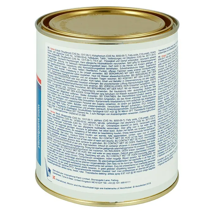 International Selbstpolierendes Antifouling Micron 350 - Weiß, 750 ml - Dose der International Paint Yachtfarbe, mit Produktinformationen auf der Dose.