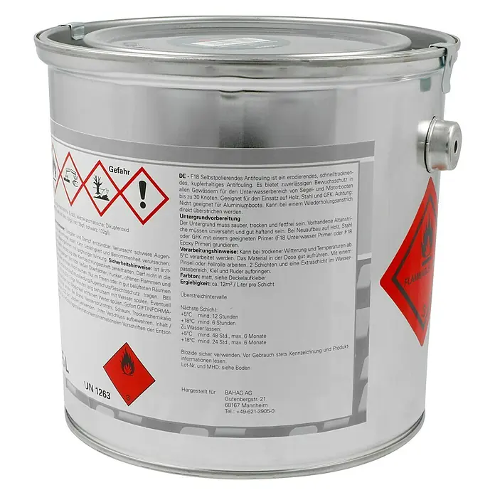 F18 Selbstpolierendes Antifouling SP - Blau, 2,5 l - Dose F18 Selbstpolierendes Antifouling, ein kupferhaltiges Produkt für den Unterwasserbereich von Segel- und Motorbooten mit Gefahrensymbolen.