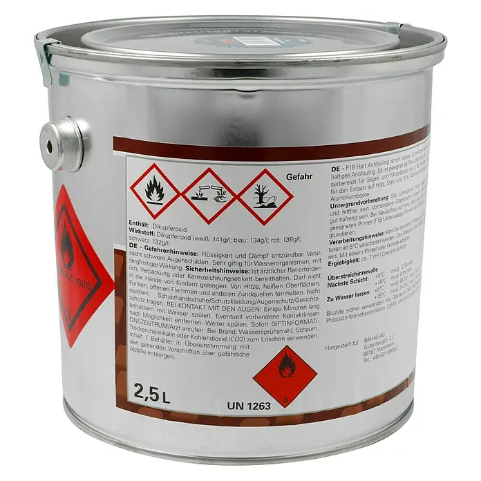 F18 Hartantifouling - Blau, 2,5 l - Dose mit F18 Hart Antifouling, einem Schiffsbeschichtungsmittel mit Gefahrenhinweisen und Inhaltsangaben auf dem Etikett.