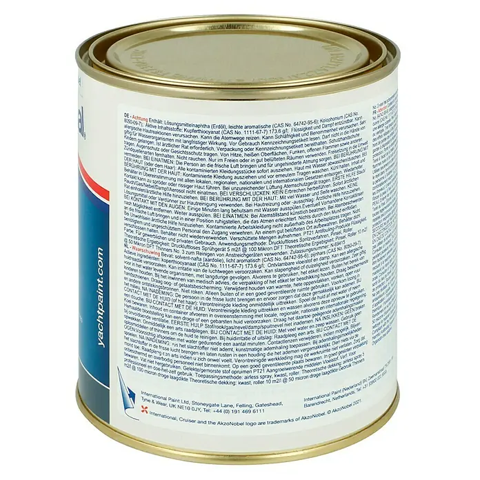 International Selbstpolierendes Antifouling Cruiser 200 - 750 ml, Schwarz - Dose mit Antifouling-Bootsfarbe von International Yachtpaint mit Sicherheitshinweisen.