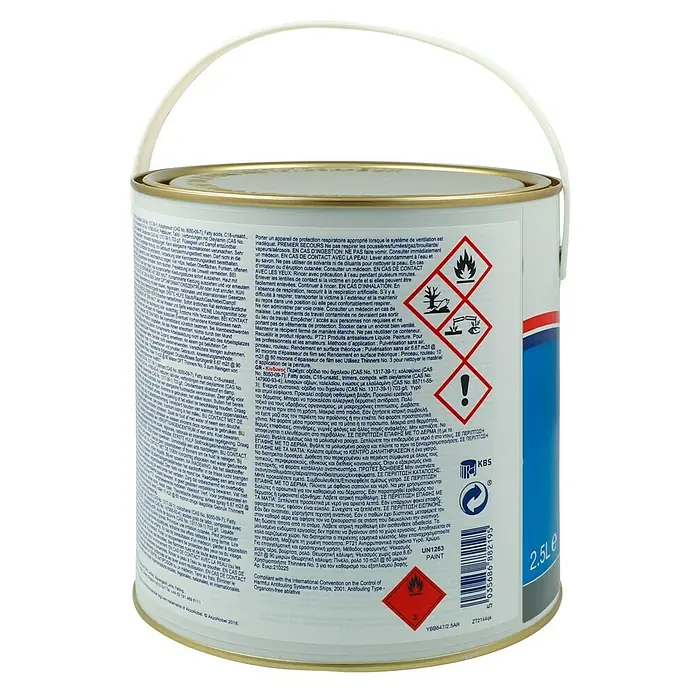 International Selbstpolierendes Antifouling Micron 300 - Dunkelgrau, 2,5 l - Abbildung eines 2,5-Liter-Eimers UN1263 Farbe mit Gefahrenetiketten und KBS-Logo.