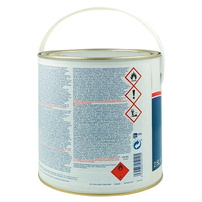 International Selbstpolierendes Antifouling Cruiser 200 - Weiß, 2,5 l - Eine Dose mit Antifouling-Farbe. Die Dose ist weiß und trägt diverse Warnhinweise und Sicherheitsinformationen.