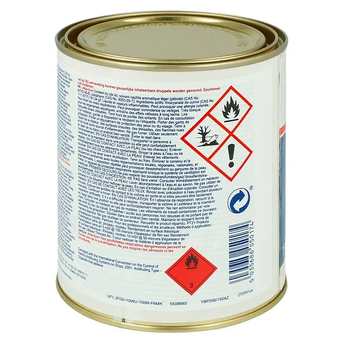 International Selbstpolierendes Antifouling Cruiser 200 - 750 ml, Weiß - Dose mit Warnhinweisen und Gefahrensymbolen für Antifouling-Farbe.