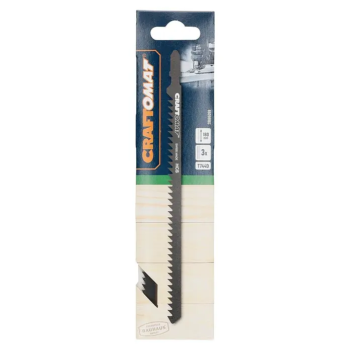 Craftomat Hoja de sierra de calar T 744 D - Vástago en T, 3 ud. - Primer plano de una hoja de sierra de calar Craftomat T744D, ideal para cortar madera con precisión, empaquetada y lista para usar.