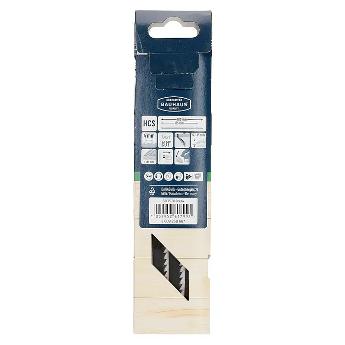 Craftomat Hoja de sierra de calar T 744 D - Vástago en T, 3 ud. - Imagen de un paquete de hojas de sierra de calar HCS de Bauhaus con detalles técnicos e instrucciones de seguridad para aficionados al bricolaje.