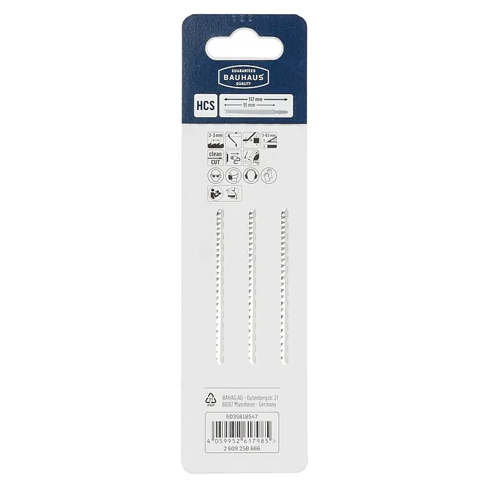 Craftomat Stichsägeblatt T 234 X - T-Schaft, 3 Stk. - Verpackung mit drei Stichsägeblättern der Marke Bauhaus, geeignet für saubere Schnitte in Werkstücken mit 2-3 mm und 3-65 mm Dicke.