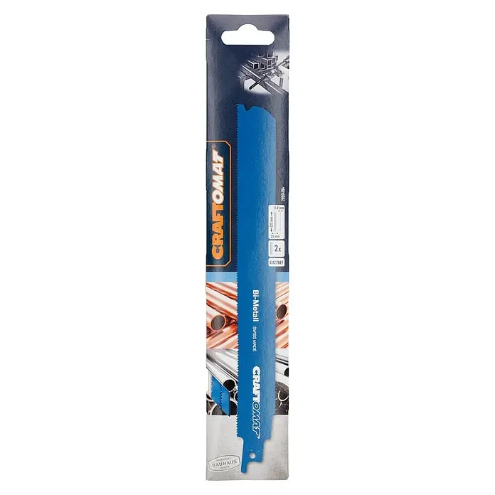 Craftomat Säbelsägeblatt S 1127 BEF - Länge: 289 mm - Das Bild zeigt eine blaue CRAFTOMAT Säbelsäge für Metall im Blisterpack. Ideal für präzise Schnitte und vielseitige Anwendungen.