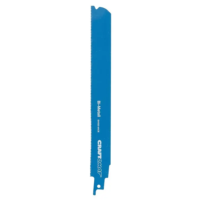 Craftomat Säbelsägeblatt S 1127 BEF - Länge: 289 mm - Abbildung eines blauen CRAFTO-Sägeblatts, ideal für präzise Schnitte in verschiedenen Materialien dank seiner Bi-Metall-Konstruktion aus der Schweiz.
