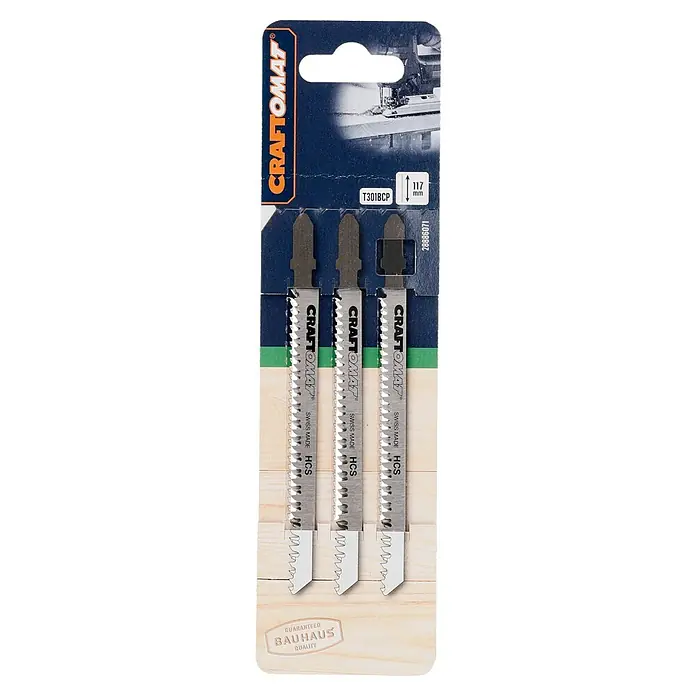 Craftomat Stichsägeblatt T 301 BCP - T-Schaft, 3 Stk. - Nahaufnahme der KRAFTOMAT® T301BCP Stichsägeblätter, ideal für präzise Holzschnitte, verpackt mit Bauhaus Qualitätsgarantie.