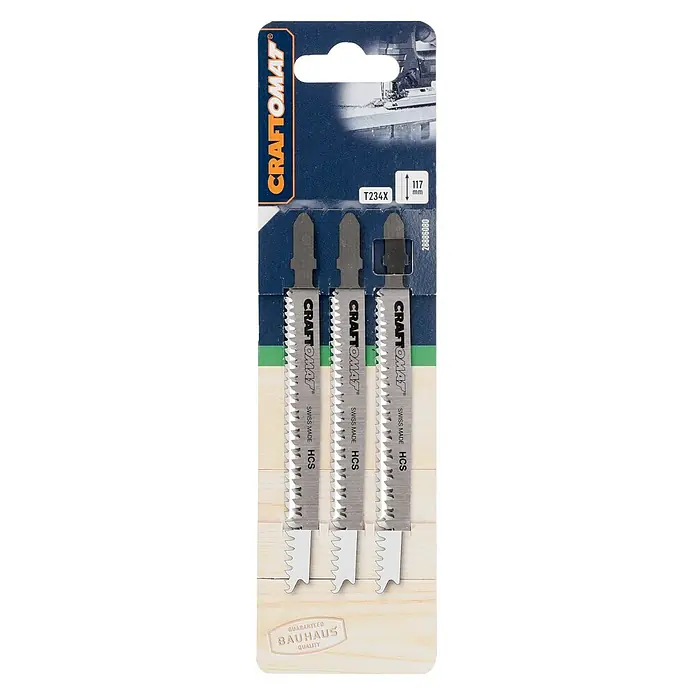 Craftomat Stichsägeblatt T 234 X - T-Schaft, 3 Stk. - Verpackung von drei CRAFTOMAT Stichsägeblättern, T234X Modell, für Holzbearbeitung, Swiss Made Qualität und HCS Material für zuverlässige Schnitte.