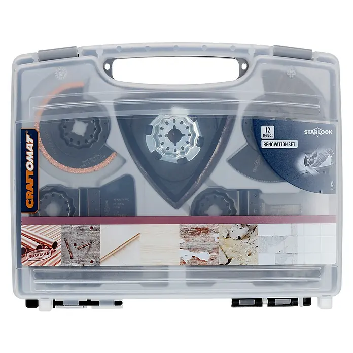 Craftomat Zubehör-Set Renovation für Starlock-Systeme - 7 Stk., 7 -tlg. - Ein Set von CRAFTOMAT- und Starlock-Werkzeugen zur Renovierung, ordentlich in einem transparenten Koffer verpackt für einfache Lagerung.