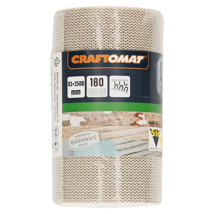 Craftomat Banda de lija C 7009 - Grano: 180, Ancho: 93 mm - Un rollo de malla abrasiva Craftomat de dimensiones 93x2500 mm y un grano de 180, ideal para superficies de lijado.