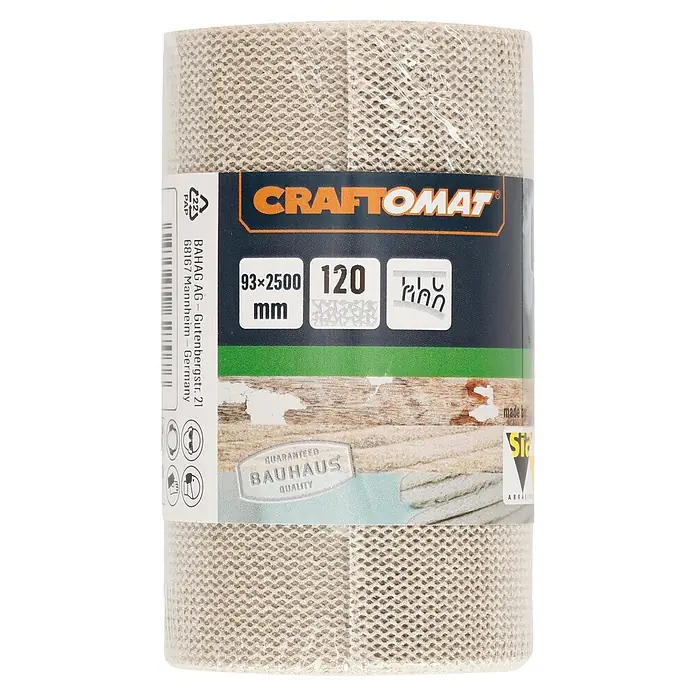 Craftomat Banda de lija C 7009 - Grano: 120, Ancho: 93 mm - Imagen de un rollo de alfombra antideslizante Craftomat, de 93x2500 mm, ideal para proteger y fijar alfombras. Calidad Bauhaus.