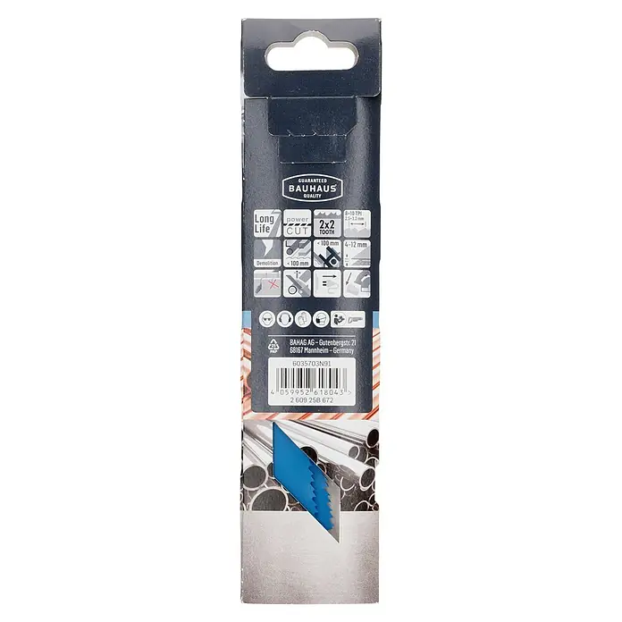Craftomat Säbelsägeblatt S 930 CF - Länge: 150 mm, 2 Stk. - Nahaufnahme einer Verpackung von BAUHAUS Säbelsägeblättern mit Informationen zu den Produktdetails und Anwendungsbereichen.