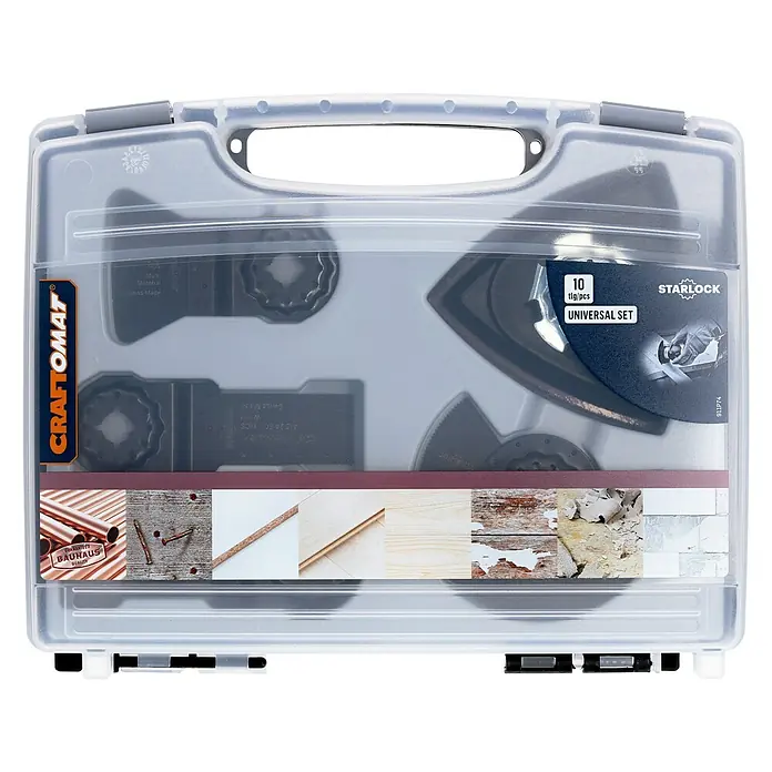 Craftomat Zubehör-Set Universal für Starlock-Systeme - 5 Stk., 5 -tlg. - Das Bild zeigt ein Craftomat Starlock Universal Set mit 10 Teilen, verpackt in einem transparenten Koffer. Vielseitig für verschiedene Anwendungen.