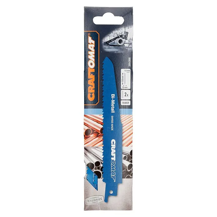 Craftomat Säbelsägeblatt S 930 CF - Länge: 150 mm, 2 Stk. - Verpackung von Craftomat S930CF Säbelsägeblättern, Bi-Metall, Swiss Made, mit Abmessungen und Bauhaus Qualitätsgarantie für Metallsägeanwendungen.