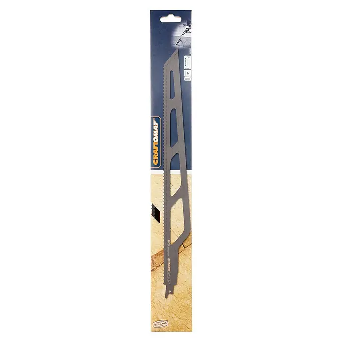 Craftomat Säbelsägeblatt S 2013 AWP - Länge: 400 mm - Ein Craftomat Säbelsägeblatt HCS ist auf einer Holzoberfläche abgebildet. Ideal für präzise Holzschnitte in Handwerk und Hobby.