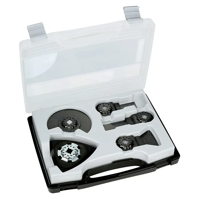 Craftomat Zubehör-Set Universal für Starlock-Systeme - 5 Stk., 5 -tlg. - Das Bild zeigt ein Set von Oszillationswerkzeugklingen in einer durchsichtigen Kunststoffbox mit schwarzem Rand und Griff.