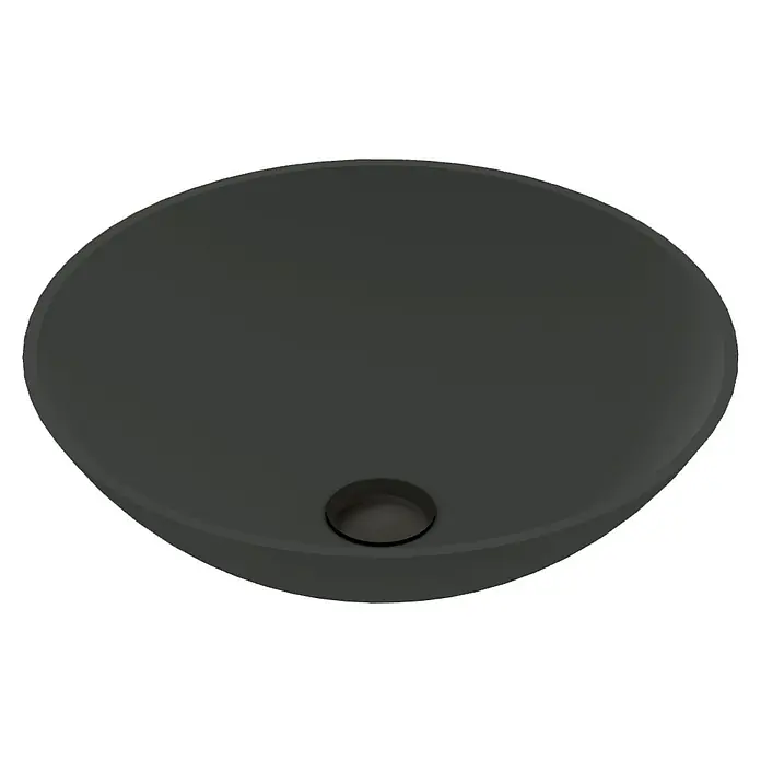 Lavabo de sobremesa Urano - 40 x 40 cm, Sin esmalte especial, Sin desbordamiento, Negro - Vista superior de un elegante lavabo de baño redondo negro mate con desagüe central. Ideal para diseños de baño contemporáneos.