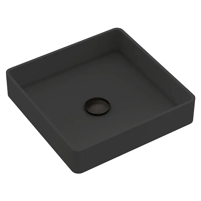 Lavabo de sobremesa Cronos - 37 x 37 cm, Acrílico, Negro - Lavabo cuadrado negro con orificio de desagüe redondo en el centro, ideal para diseños de baño modernos.