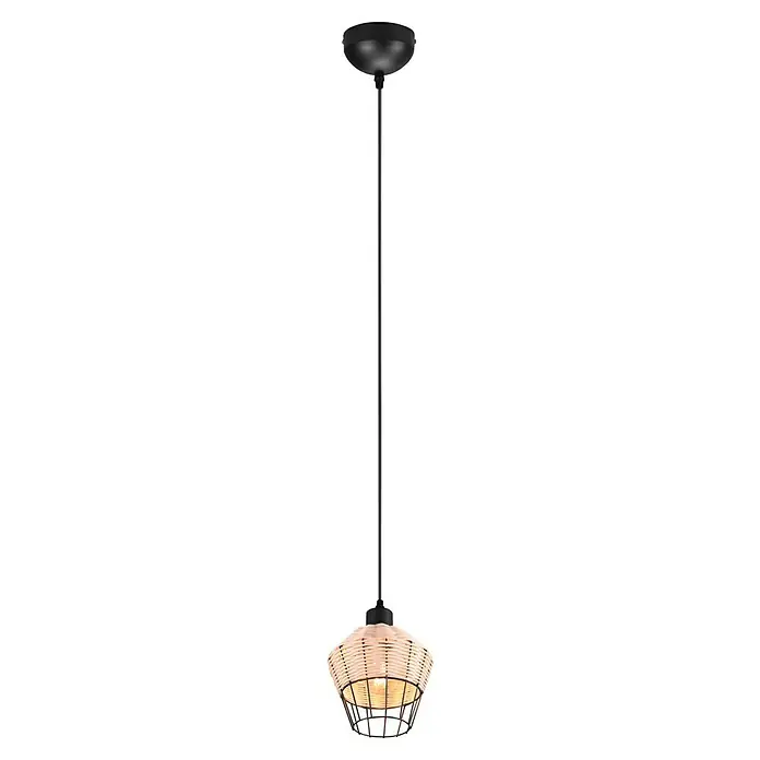 Trio Lighting Lámpara colgante redonda Borka - 40 W, Ø x Al: 17,5 x 150 cm, Negro/Ratán, Negro/Ratán, E27 - Una lámpara colgante individual con una pantalla de ratán que emite un brillo cálido, suspendida de una elegante varilla negra.