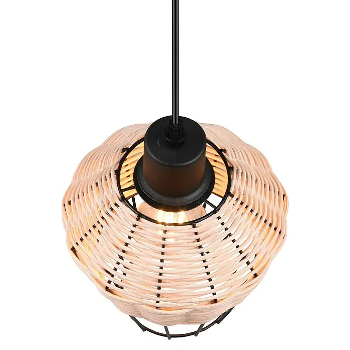 Trio Lighting Lámpara colgante redonda Borka - 40 W, Ø x Al: 17,5 x 150 cm, Negro/Ratán, Negro/Ratán, E27 - Lámpara colgante elegante con pantalla de ratán claro y accesorios negros, añadiendo un toque de elegancia natural a cualquier interior.