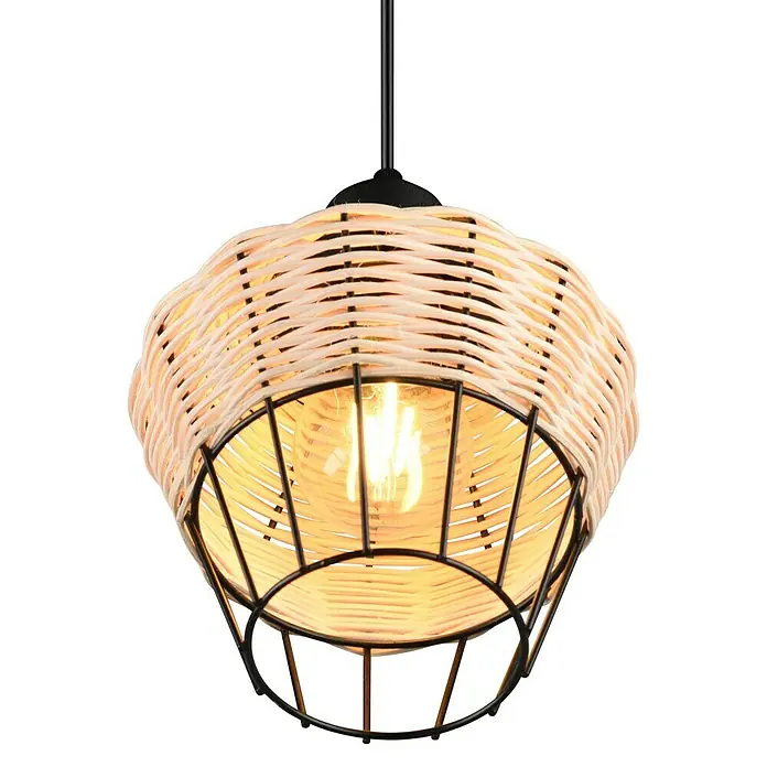 Trio Lighting Lámpara colgante redonda Borka - 40 W, Ø x Al: 17,5 x 150 cm, Negro/Ratán, Negro/Ratán, E27 - Primer plano de una lámpara colgante con una pantalla de ratán claro y una estructura metálica negra, suspendida del techo.