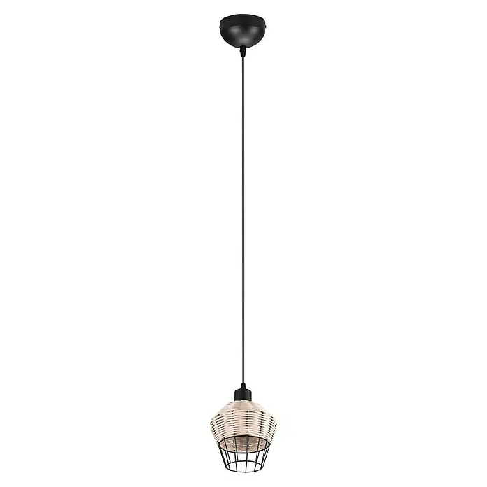 Trio Lighting Lámpara colgante redonda Borka - 40 W, Ø x Al: 17,5 x 150 cm, Negro/Ratán, Negro/Ratán, E27 - Una lámpara colgante elegante con una pantalla de cesta tejida, perfecta para interiores acogedores.