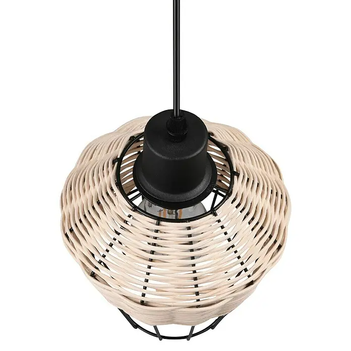 Trio Lighting Lámpara colgante redonda Borka - 40 W, Ø x Al: 17,5 x 150 cm, Negro/Ratán, Negro/Ratán, E27 - Primer plano de una lámpara colgante con pantalla de ratán blanca y suspensión negra.