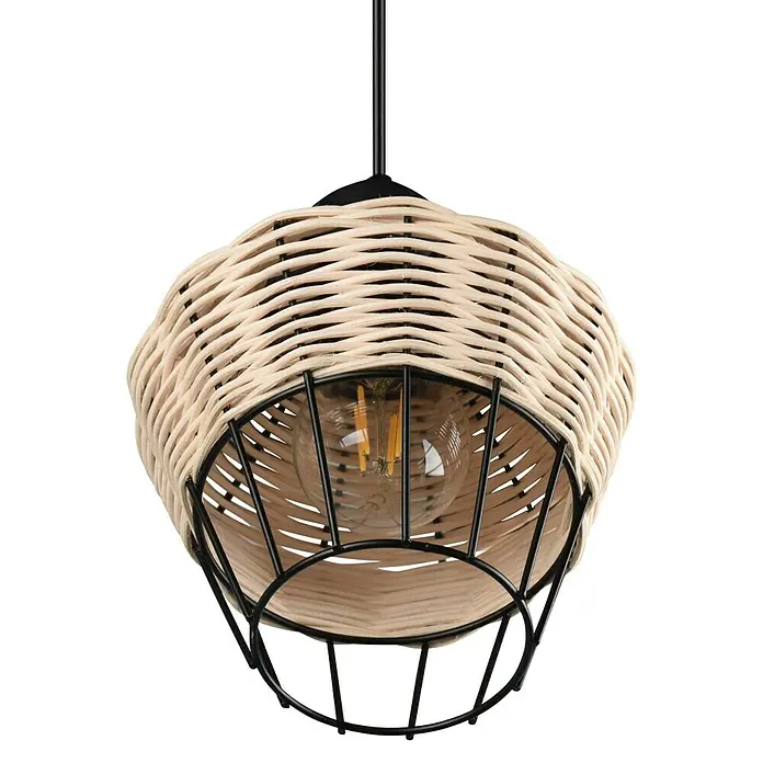 Trio Lighting Lámpara colgante redonda Borka - 40 W, Ø x Al: 17,5 x 150 cm, Negro/Ratán, Negro/Ratán, E27 - Primer plano de una lámpara colgante con una pantalla de ratán claro y una estructura metálica negra, que encierra una bombilla.