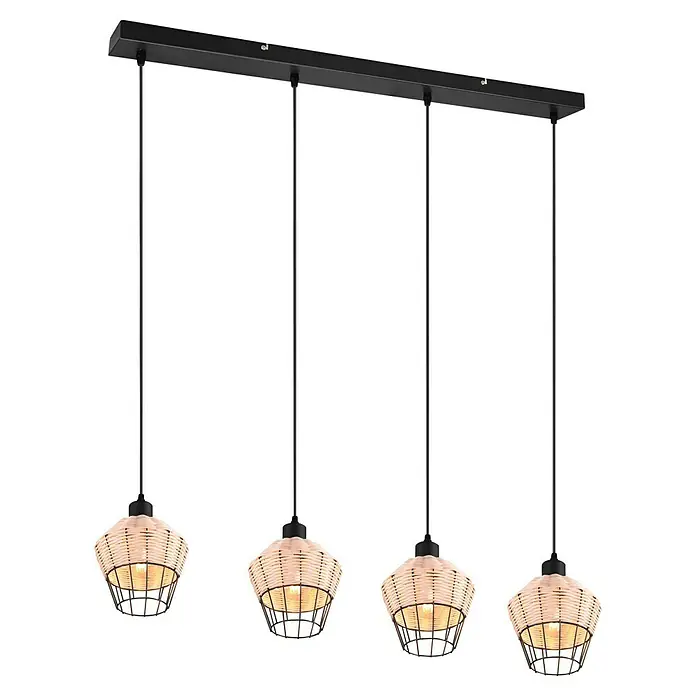 Trio Lighting Lámpara colgante Borka - 160 W, L x An x Al: 17,5 x 95 x 150 cm, Negro/Ratán, Negro/Ratán, E27 - Lámpara colgante con cuatro luces, pantalla de color natural y suspensión negra para iluminación elegante.