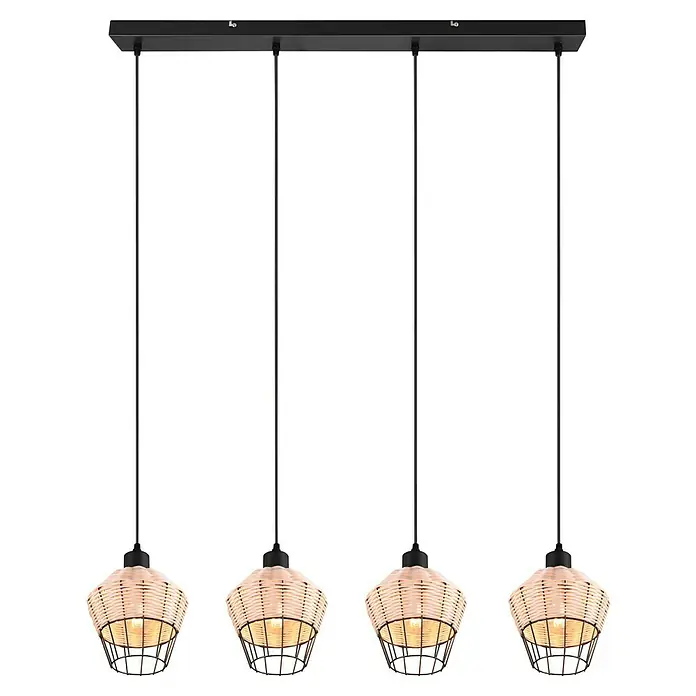 Trio Lighting Lámpara colgante Borka - 160 W, L x An x Al: 17,5 x 95 x 150 cm, Negro/Ratán, Negro/Ratán, E27 - Lámpara colgante con cuatro luces de aspecto de ratán para un ambiente acogedor. Ideal para comedor o salón.