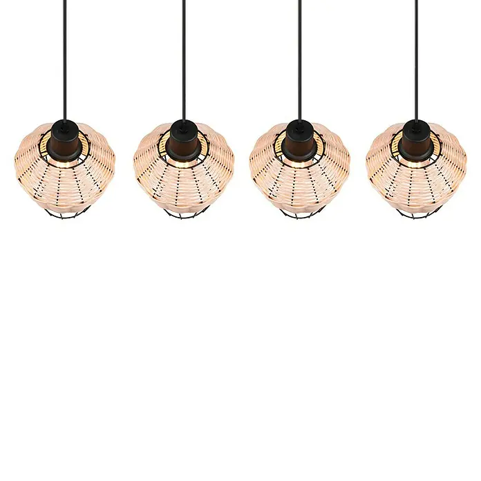 Trio Lighting Lámpara colgante Borka - 160 W, L x An x Al: 17,5 x 95 x 150 cm, Negro/Ratán, Negro/Ratán, E27 - Cuatro lámparas colgantes decorativas de ratán con un sistema de suspensión negro, emitiendo una luz cálida.