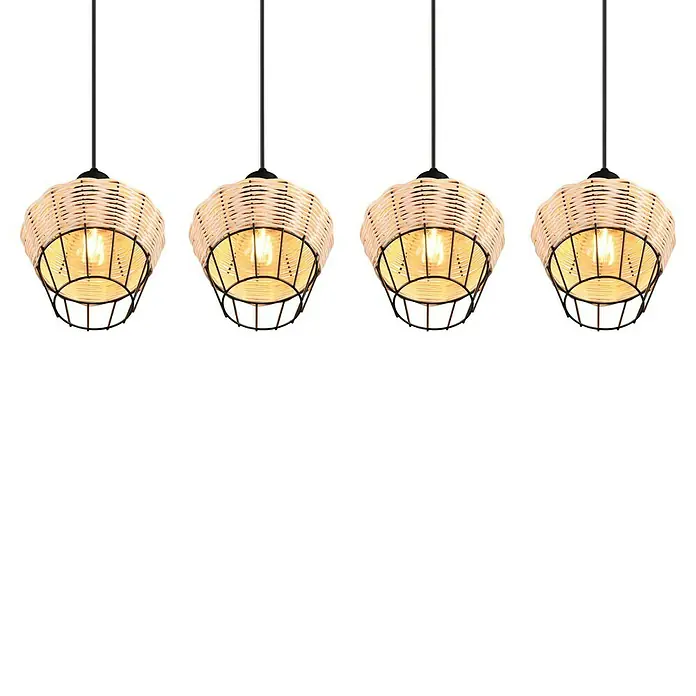 Trio Lighting Lámpara colgante Borka - 160 W, L x An x Al: 17,5 x 95 x 150 cm, Negro/Ratán, Negro/Ratán, E27 - Una elegante lámpara colgante con cuatro luces con una pantalla decorativa de ratán y una estructura de alambre negro.