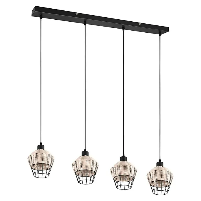 Trio Lighting Lámpara colgante Borka - 160 W, L x An x Al: 17,5 x 95 x 150 cm, Negro/Ratán, Negro/Ratán, E27 - Lámpara colgante con cuatro luces con pantallas blancas y suspensión negra para una iluminación elegante.