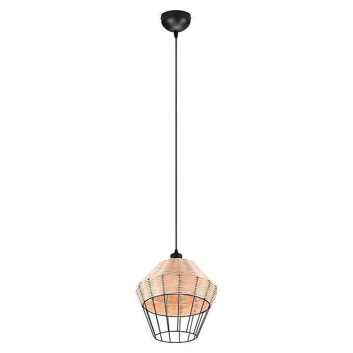 Trio Lighting Lámpara colgante redonda Borka - 40 W, Ø x Al: 30 x 150 cm, Negro/Ratán, Negro/Ratán, E27 - Una lámpara colgante con una pantalla de mimbre tejido y estructura de metal negro. El diseño es moderno y natural.