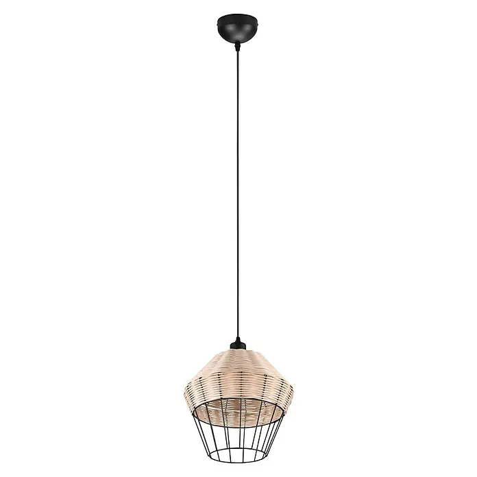 Trio Lighting Lámpara colgante redonda Borka - 40 W, Ø x Al: 30 x 150 cm, Negro/Ratán, Negro/Ratán, E27 - Elegante lámpara colgante con pantalla de mimbre claro y estructura de metal negro, ideal para iluminar con estilo cualquier espacio.