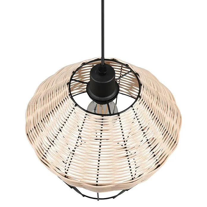 Trio Lighting Lámpara colgante redonda Borka - 40 W, Ø x Al: 30 x 150 cm, Negro/Ratán, Negro/Ratán, E27 - Primer plano de una atractiva lámpara colgante con pantalla de ratán y un marco de metal negro.