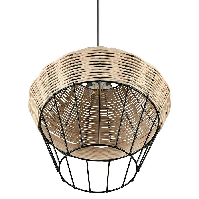 Trio Lighting Lámpara colgante redonda Borka - 40 W, Ø x Al: 30 x 150 cm, Negro/Ratán, Negro/Ratán, E27 - Una lámpara colgante de moda con una pantalla de ratán y una estructura de metal negro. Perfecta para una iluminación acogedora.