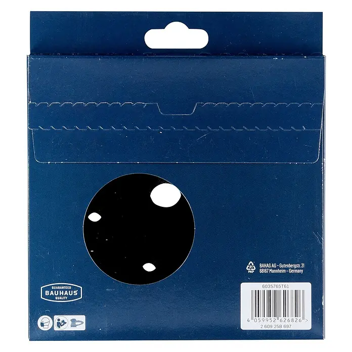 Craftomat Zwischenscheibe - Durchmesser: 150 mm, Passend für: Exzenterschleifer - Nahaufnahme der Rückseite einer blauen Verpackung von Bauhaus, die Qualitätsgarantie, Recycling-Info und Barcode zeigt.