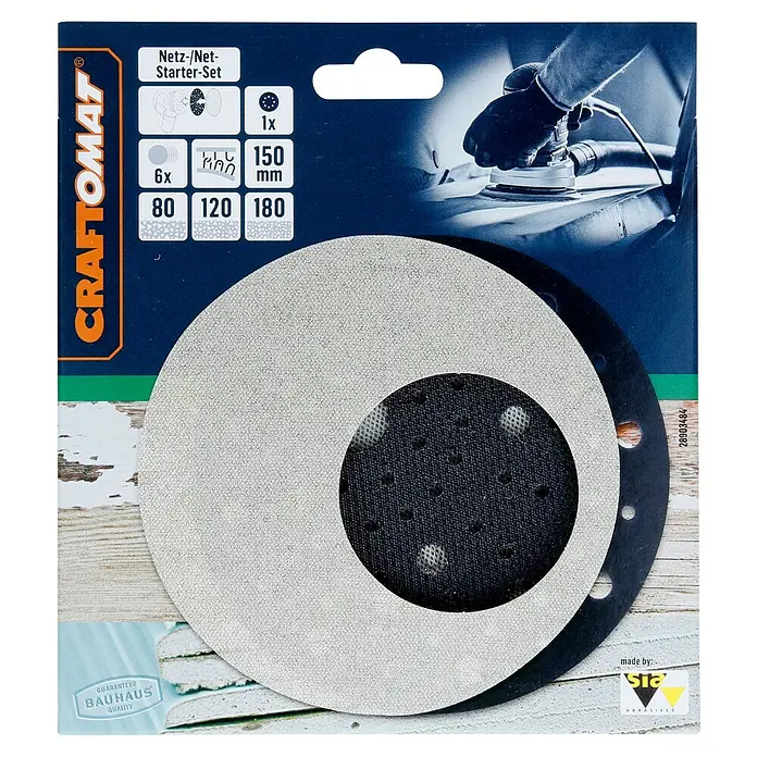Craftomat Set malla abrasiva - Grano: 80 mm - 180 mm, 7 ud., Diámetro: 150 mm - El juego de discos de lijado Craftomat incluye diferentes granos (80, 120, 180) y es ideal para lijadoras de 150 mm.
