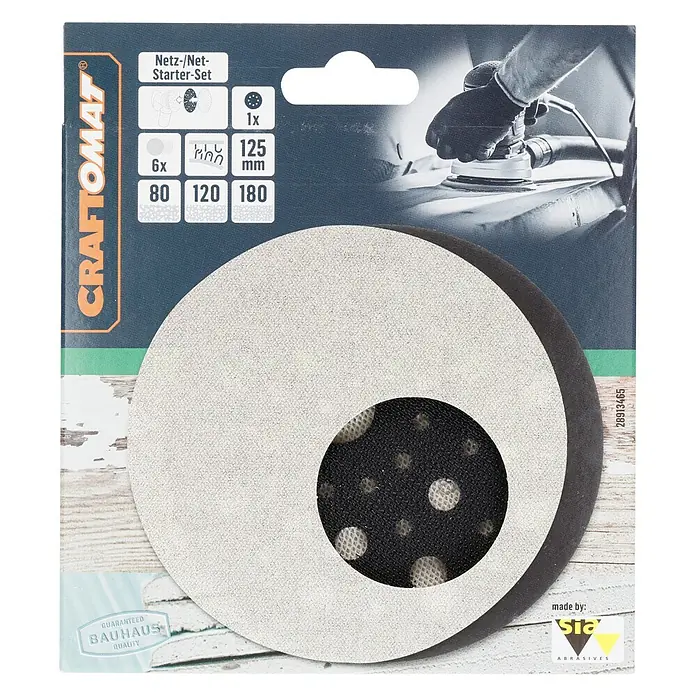 Craftomat Set malla abrasiva - Grano: 80 mm - 180 mm, 7 ud., Diámetro: 125 mm - La imagen muestra un disco de lijado CRAFTOMAT mesh/net starter set, ideal para tareas de lijado. El conjunto incluye varios tamaños de grano.