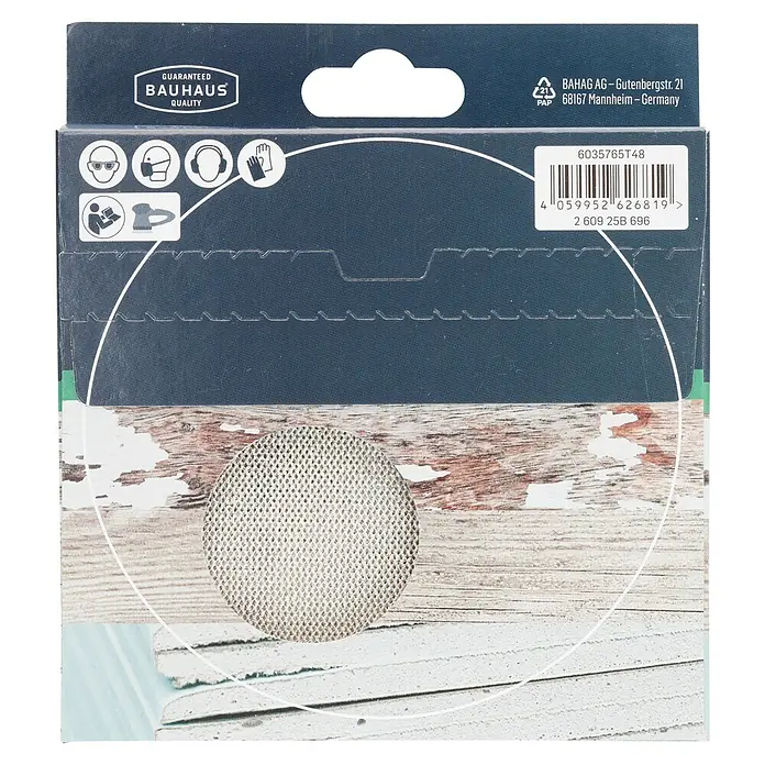 Craftomat Set malla abrasiva - Grano: 80 mm - 180 mm, 7 ud., Diámetro: 125 mm - Imagen de un disco de lijado BAUHAUS con información del producto en el embalaje. Abrasivo de alta calidad para diversas aplicaciones.