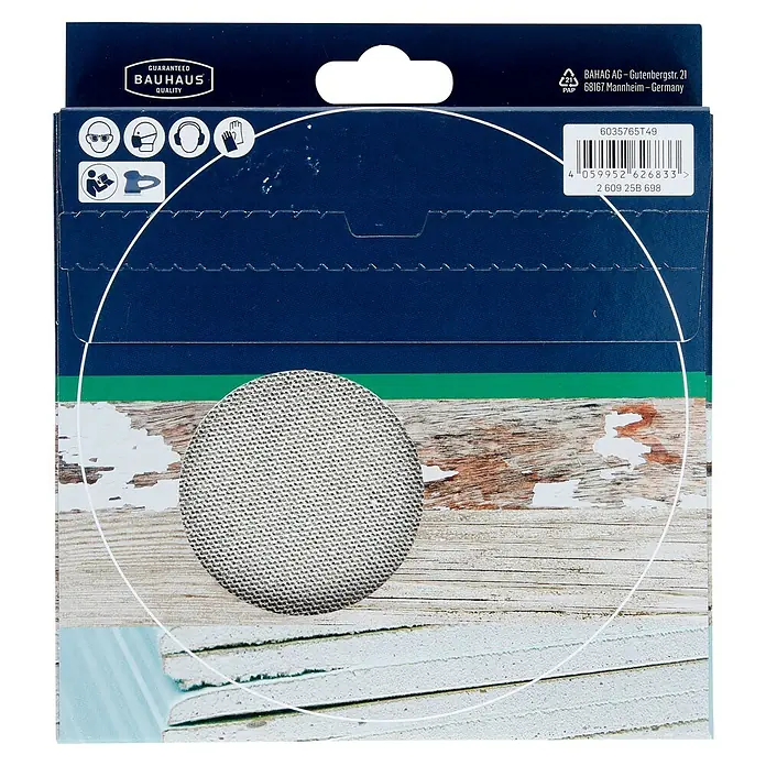 Craftomat Set malla abrasiva - Grano: 80 mm - 180 mm, 7 ud., Diámetro: 150 mm - Embalaje de una malla abrasiva Bauhaus con garantía de calidad, incluyendo instrucciones de seguridad y código de barras.