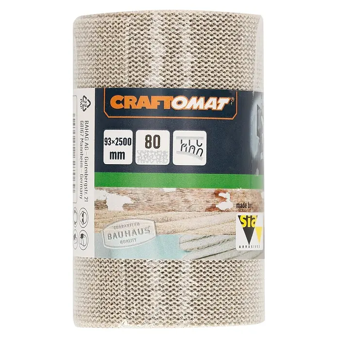 Craftomat Banda de lija C 7009 - Grano: 80, Ancho: 93 mm - Un rollo de malla abrasiva Craftomat, ideal para trabajos de lijado. El grano es 80 y las dimensiones son 93 x 2500 mm.