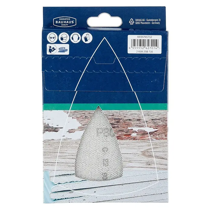 Craftomat Set malla abrasiva C 7009 - Grano: 80 mm - 180 mm, 10 ud. - Primer plano del dorso del paquete de papel de lija Bauhaus, que muestra las precauciones de seguridad y el código de barras.