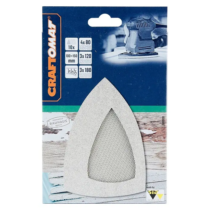 Craftomat Set malla abrasiva C 7009 - Grano: 80 mm - 180 mm, 10 ud. - Un paquete de papel de lija Craftomat con varias lijas para lijadoras triangulares, perfecto para carpintería y proyectos de bricolaje.