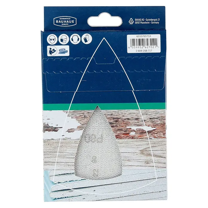 Craftomat Schleifnetz - 100 x 150 mm, Körnung: 80, 10 Stk. - Die Verpackung von BAUHAUS Schleifpapier mit Hinweisen zur Schutzausrüstung und Herstellerangaben.