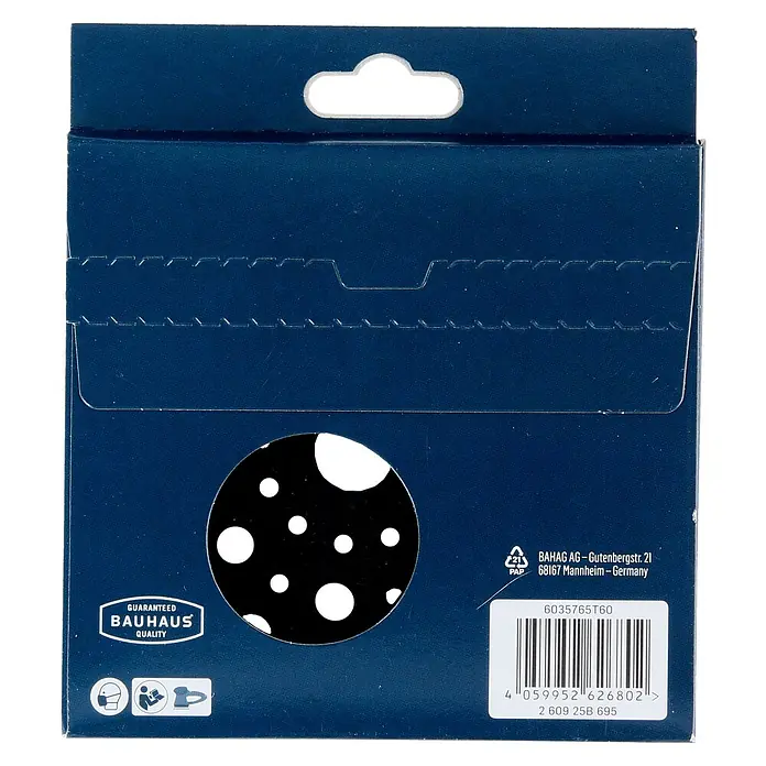 Craftomat Zwischenscheibe - Durchmesser: 125 mm, Passend für: Exzenterschleifer - Verpackung einer schwarzen Bauhaus Qualitäts-Gesichtsmaske mit Sichtfenster und Informationen zu Hersteller und Barcode.